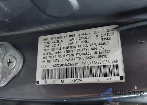 2008 Honda Accord 2.4 Ex-L from USA, damaged, VIN 1HGCP26858A054712